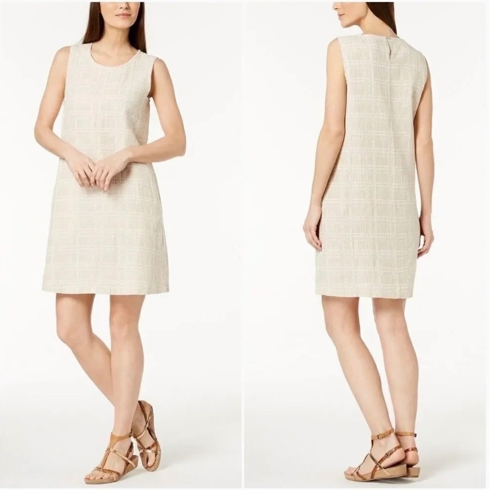 Eileen Fisher Womens XL Organic Cotton Linen Textured Shift Dress Beige
